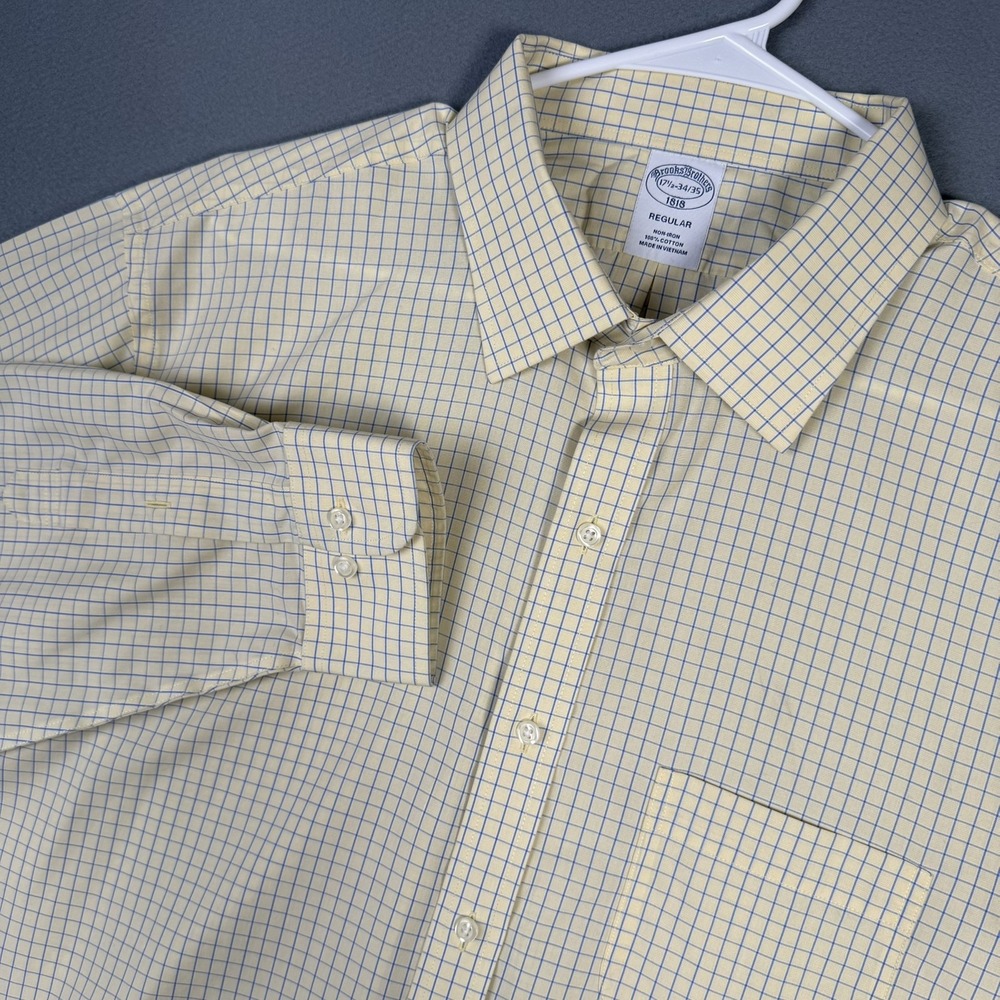 Brooks Brothers Dress Shirt Mens 17.5 34/35 Yellow Check Regent Non Iron Cotton
